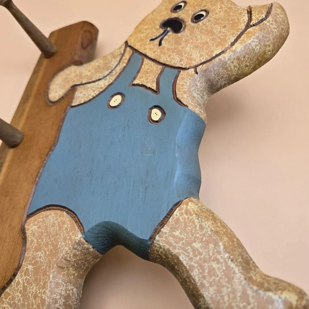 Vintage Wooden Teddy Bear Wall Hook Rack Kids Decor Blue Overalls 3 Pegs‎
